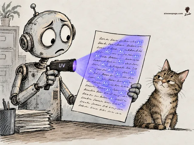 Satirical cartoon: Merv the worried robot shines a UV flashlight on a handwritten page, revealing glowing AI stamps hidden on every word — OpenAI's new invisible watermark for ChatGPT text in the EU — while Issue the tabby cat watches knowingly.