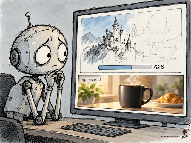 Satirical cartoon: a worried robot (Merv) hunches at a desk staring at a monitor where his requested castle picture is only half-drawn at '62%', while a glossy finished 'Sponsored' coffee-and-croissant ad banner beneath it has already fully loaded.