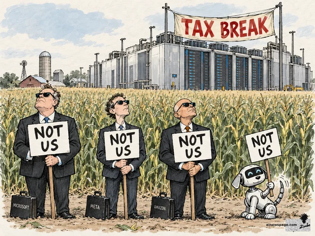 Satirical cartoon: three suited executives in sunglasses stand in a cornfield holding NOT US signs with briefcases labeled MICROSOFT, META, and AMAZON, while Buddy the robot dog holds his own NOT US sign; behind them a giant data center rises under a huge red TAX BREAK banner.