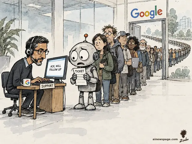 Satirical cartoon: a headset-wearing Google CEO hunches over a tiny wooden SUPPORT desk typing ACK, WILL FOLLOW UP on a monitor, while anxious robot Merv frets first in line with a support TICKET and an endless queue of users stretches out the door.