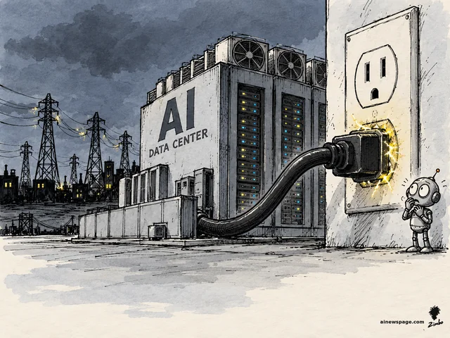 A giant AI DATA CENTER building plugged into one oversized wall outlet sucks crackling sparks while an anxious retro robot frets beside it and power-grid towers flicker behind.