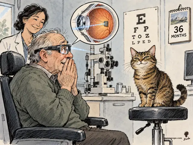 An elderly blind patient wearing implant glasses clasps his hands in wonder as he sees again; a doctor smiles behind him, an eye chart and a 36 MONTHS calendar on the wall, and a knowing tabby cat sits on a stool.