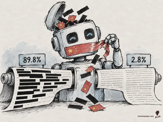 A robot pulls a Chinese-flag blindfold off its own face as black redaction bars fly out of its open head; two scrolls show 89.8% redacted answers on the left and 2.8% clean answers on the right.