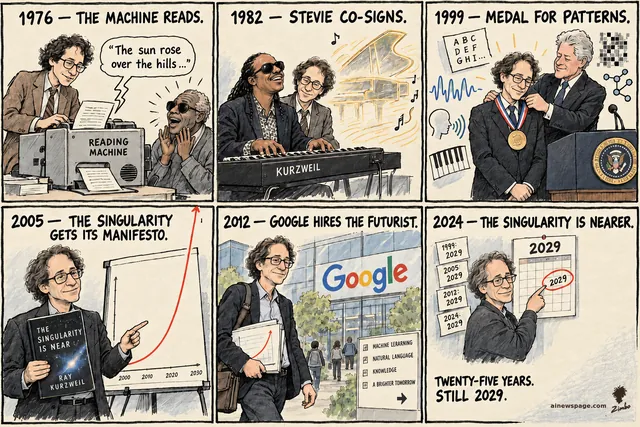 Kurzweil life strip: 1976 the Reading Machine reads print aloud for a blind user; 1982 Stevie Wonder co-signs the synth; 1999 the National Medal of Technology; 2005 The Singularity Is Near and the exponential curve; 2012 Google hires the futurist; 2024 kicker: twenty-five years, still 2029.