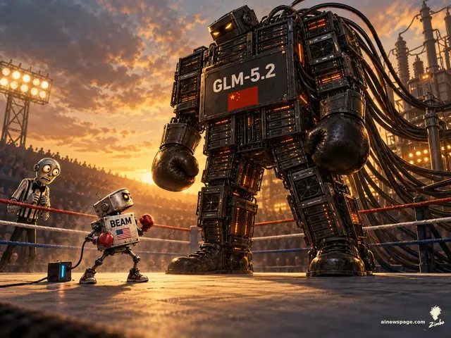 Satirical cartoon: in a golden-hour boxing ring, a tiny scrappy robot labeled BEAM with red boxing gloves faces a hulking server-rack colossus labeled GLM-5.2 in giant gloves; Merv referees, worried.