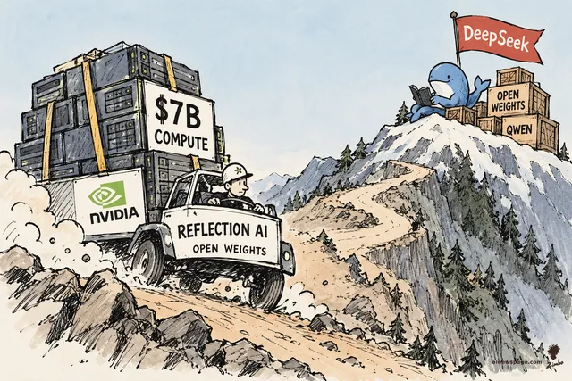 Satirical cartoon: an overloaded Reflection AI open-weights truck hauling '$7B COMPUTE' server racks with an NVIDIA logo rumbles uphill toward a snowy summit where a blue DeepSeek whale lounges beside OPEN WEIGHTS and QWEN crates under a red DeepSeek flag.