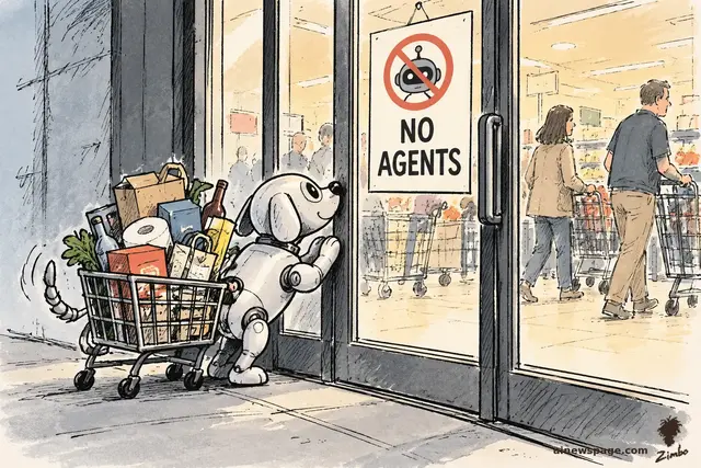 Satirical cartoon: a cheerful small robot dog with a shopping cart full of groceries presses its nose against a locked glass store door marked NO AGENTS while human shoppers move freely inside.