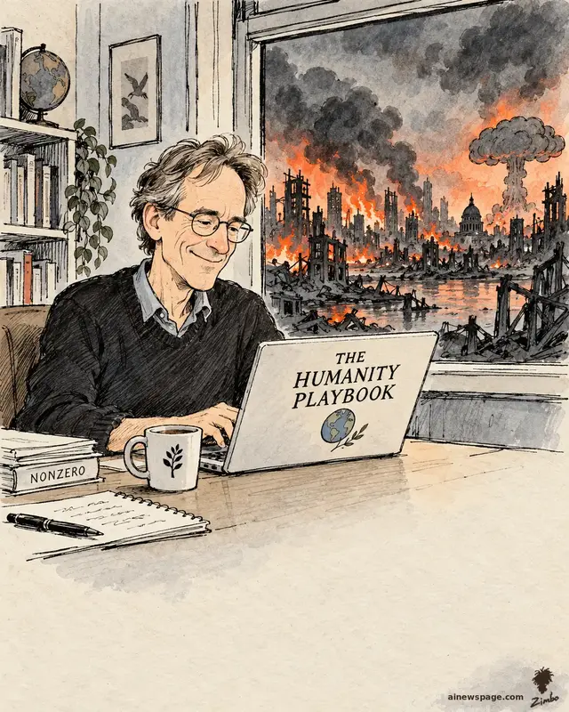 Satirical cartoon: a cheerful writer types THE HUMANITY PLAYBOOK on his laptop, a stack of NONZERO books beside him, while outside his window the city burns — flames, smoke, and a mushroom cloud on the horizon.