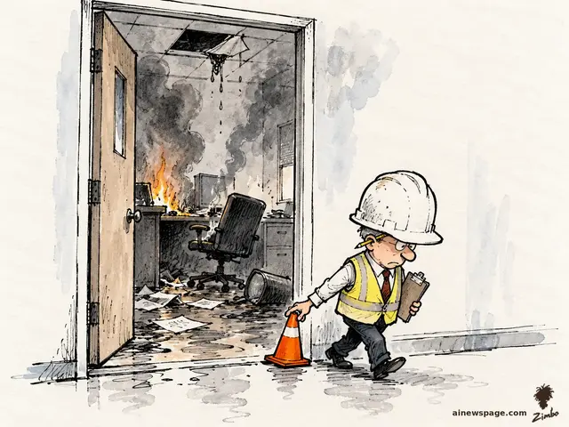 Satirical cartoon: a tiny safety man in an oversized white hard hat and safety vest walks out of a burning office doorway, placing one final orange traffic cone at the threshold as he leaves.