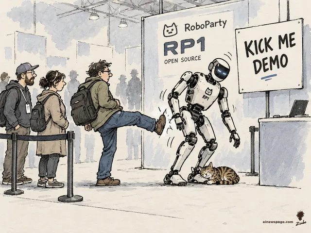 Satirical cartoon: a visitor kicks humanoid robot RP1 at a KICK ME DEMO booth; the robot wobbles but keeps its balance while Issue the tabby cat naps at its foot.