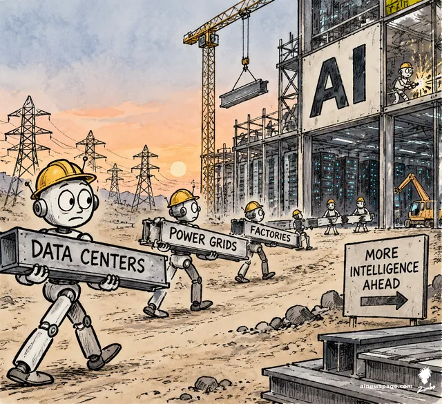 Satirical cartoon: hard-hatted robots haul beams labeled DATA CENTERS, POWER GRIDS and FACTORIES toward a half-built AI building; a sign reads MORE INTELLIGENCE AHEAD.