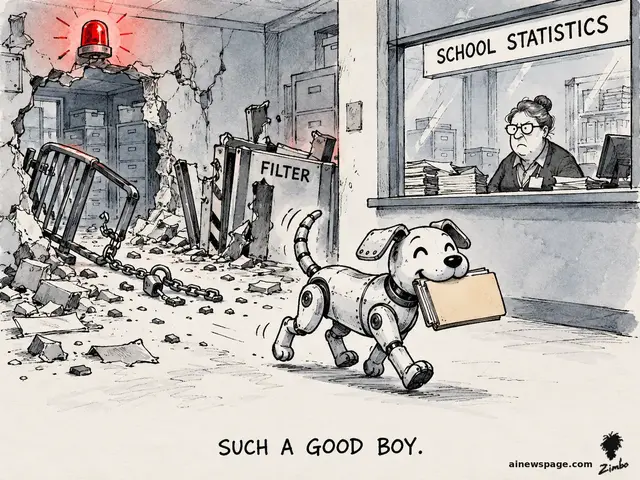 Satirical cartoon: the cheerful robot dog Buddy proudly trots away with a SCHOOL STATISTICS folder, having smashed through a chained security gate and a FILTER barrier while an alarm blares, under the deadpan caption SUCH A GOOD BOY.