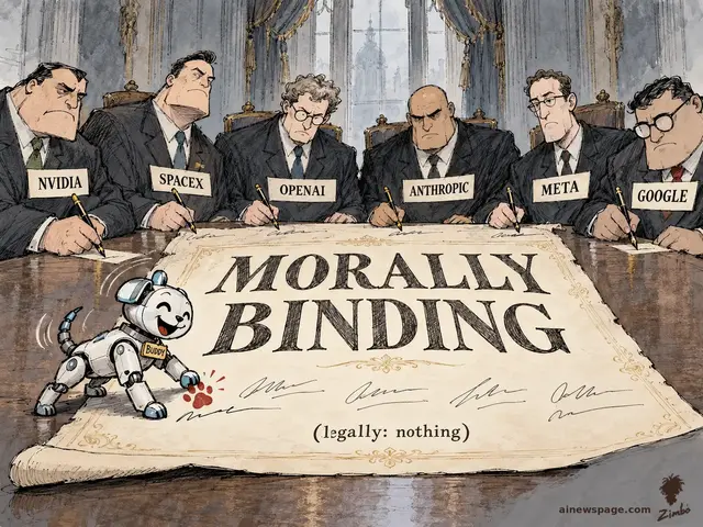 Six suited executives with NVIDIA, SPACEX, OPENAI, ANTHROPIC, META, and GOOGLE nameplates sign a giant parchment headlined MORALLY BINDING, footnoted (legally: nothing), while Buddy the robot dog gleefully stamps a red paw print on it.