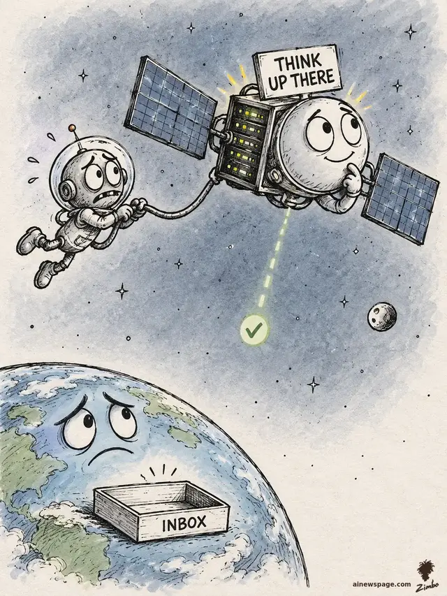 Satirical cartoon: a cheerful satellite with a server-rack brain on its back holds a THINK UP THERE sign in orbit while a sad-faced Earth below waits with an empty INBOX tray; Merv the anxious robot watches nervously from a spacewalk.
