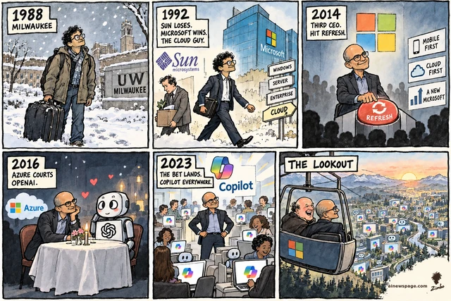 Six-panel Sunday strip: Satya Nadella's arc — 1988 Milwaukee grad student, 1992 Sun→Microsoft climb, the 2014 HIT REFRESH button as third CEO, Azure courting an OpenAI robot, Copilot on every screen — ending at THE LOOKOUT with Steve Ballmer in a cable car above a Copilot-lit valley.