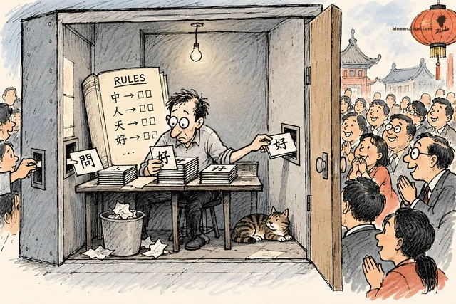 Satirical cartoon: a bewildered man in the Chinese Room booth shuffles cards of real Chinese characters by a giant RULES rulebook, while crowds outside are convinced he speaks fluent Chinese; a tabby cat naps under the desk.