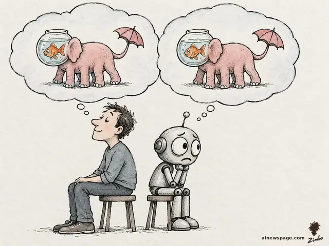 Satirical cartoon: a calm human and a worried retro robot sit back to back, their two thought bubbles containing the exact same impossible creature — a pink elephant with a fishbowl head and an umbrella tail.