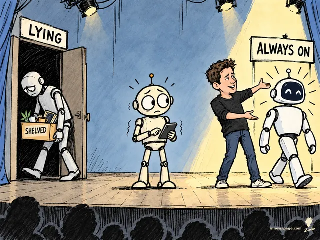 Satirical cartoon: a dejected robot hauls a box labeled SHELVED out through a door marked LYING while a presenter unveils a cheerful new robot under an ALWAYS ON sign on the same stage, as Merv the worried retro robot does the math between them.