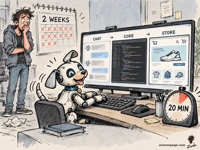 Satirical cartoon: Buddy the cheerful retro robot dog frantically types at a keyboard before a monitor showing CHAT, CODE and STORE panels, a 20 MIN timer ticking on the desk, while a human developer watches nervously beside a wall calendar marked 2 WEEKS with crossed-out days.