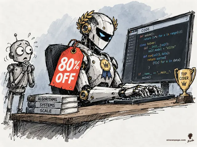 A championship robot wearing a laurel wreath and winner's medal types code on a monitor while a bright red 80% OFF price tag hangs from its shoulder; a TOP CODER trophy stands beside the keyboard as a worried small robot frets nearby.