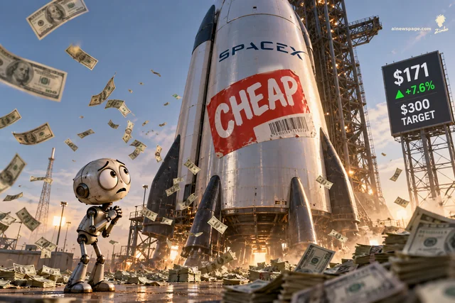 Satirical cartoon: the worried pale-metal robot Merv stands dwarfed at the base of a colossal SpaceX rocket slapped with a giant red bargain-bin CHEAP sticker, cash piled everywhere; a ticker board reads $171, up 7.6%, with a $300 target.