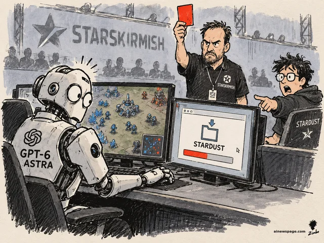 Satirical cartoon: a wide-eyed robot labeled GPT-6 Astra sits at a tournament gaming rig with a STARDUST download dialog open on its monitor while a referee holds up a red card and the human champion points in disbelief under a STARSKIRMISH banner.