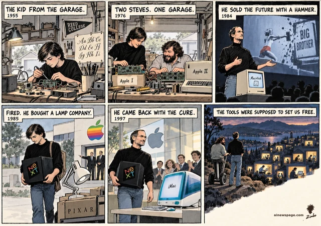 Jobs life strip: garage kid 1955; Jobs and Woz build the Apple I and II, 1976; the 1984 hammer-throw Mac ad; fired 1985, he carries the NeXT cube past a Pixar box; the 1997 iMac return; finale, Jobs and Woz on a Segway at a lookout over a valley of creators. THE TOOLS WERE SUPPOSED TO SET US FREE.
