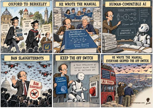 Six-panel strip: Oxford physics, Stanford PhD, Berkeley; the AI textbook with Norvig; Human-Compatible AI; BAN SLAUGHTERBOTS; the off switch — finale THE LOOKOUT: Russell + Norvig in a red double-decker bus over a valley of drones. Kicker: HE WROTE THE MANUAL. EVERYONE SKIPPED THE OFF SWITCH.