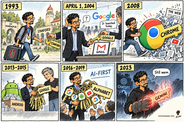 Six-panel Sunday strip: Sundar Pichai collects ever-larger keys through his career — a 1993 Stanford key, a Gmail-era Google key, a giant Chrome key, an Android bundle, an armful of Alphabet product keys — ending in 2023 gripping a glowing red-hot GEMINI key: ‘Still warm.’
