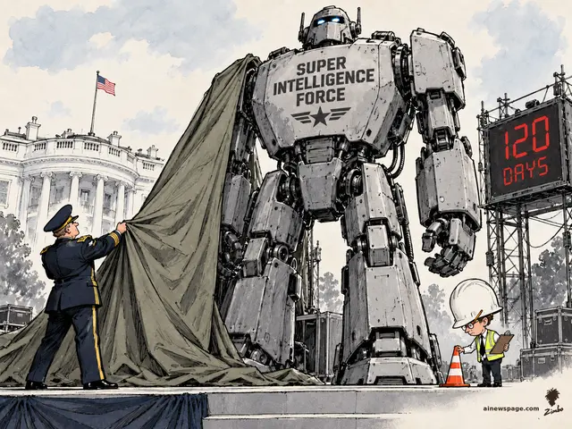 A uniformed officer pulls a tarp off a towering robot stamped SUPER INTELLIGENCE FORCE on the White House lawn beside a red 120 DAYS countdown clock, while a tiny safety inspector in an oversized hard hat places a traffic cone at the robot's foot.