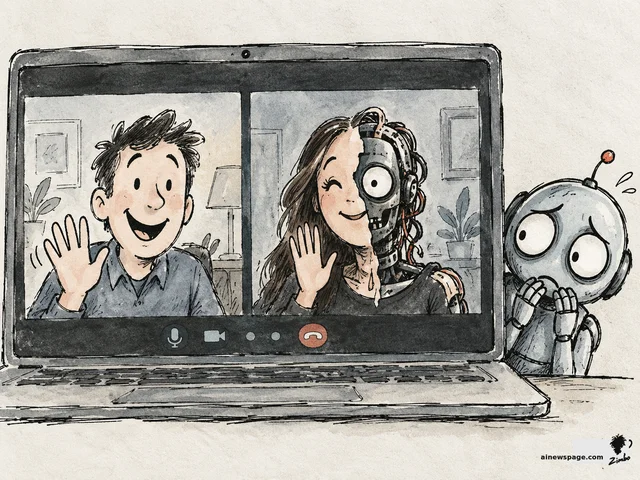 Satirical cartoon: on a laptop video call, a cheerful man waves hello while the other tile shows a woman whose face is half human and half exposed robot with dangling wires; Merv the anxious robot peeks from beside the laptop, fretting.