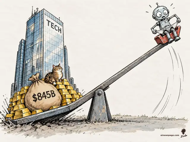 Satirical cartoon: a playground seesaw slammed down on the heavy left end by a glass tower labeled TECH piled with gold bars and a $845B money bag, while a worried robot (Merv) sits in the empty bucket launched skyward with pockets turned out; a tabby cat sits on the gold.