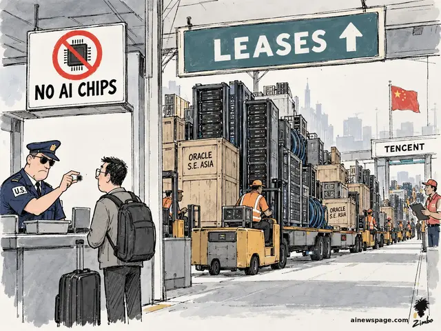 Satirical cartoon: a U.S. customs officer seizes a single AI chip from a traveler under a NO AI CHIPS sign while forklifts haul whole ORACLE S.E. ASIA server racks through a LEASES gate into a Tencent compound.