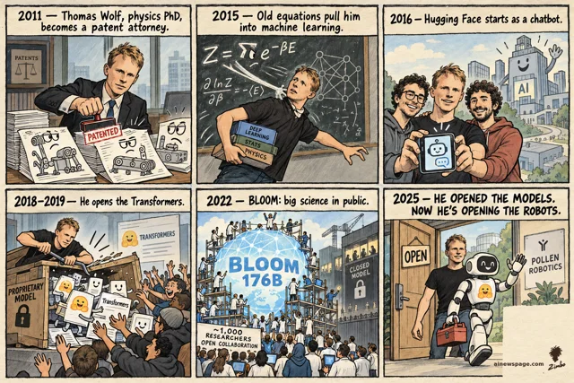 Six-panel strip: Thomas Wolf stamps PATENTED on machine drawings; his equations pull him into ML; three founders start Hugging Face as a chatbot; he opens the PROPRIETARY MODEL crate, Transformers pour out; BLOOM 176B built in public; 2025 kicker: HE OPENED THE MODELS. NOW HE'S OPENING THE ROBOTS.