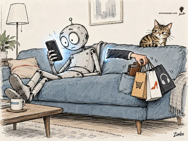 Satirical cartoon: the worried pale-metal robot Merv lounges on a couch, mesmerized by his glowing phone, while a suited arm reaches out of the screen holding his wallet and dangling three shopping bags; the tabby cat Issue watches knowingly from the couch back.