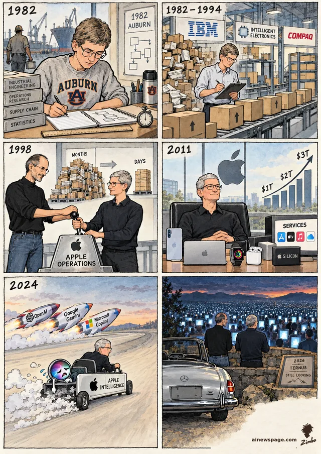 Six-panel Sunday strip: Tim Cook — 1982 Auburn ops student, IBM grind, 1998 Jobs hands him the operations lever (MONTHS→DAYS), the $1T→$3T throne, 2024's Apple Intelligence soapbox car losing to AI rockets — ending at THE LOOKOUT with Jobs in the plateless Mercedes above a valley of glowing screens.