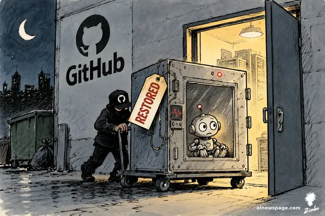 Satirical cartoon: at night, a sneaky figure wheels a large metal chamber holding a worried little robot back through a rear door; a RESTORED tag dangles from the unit.