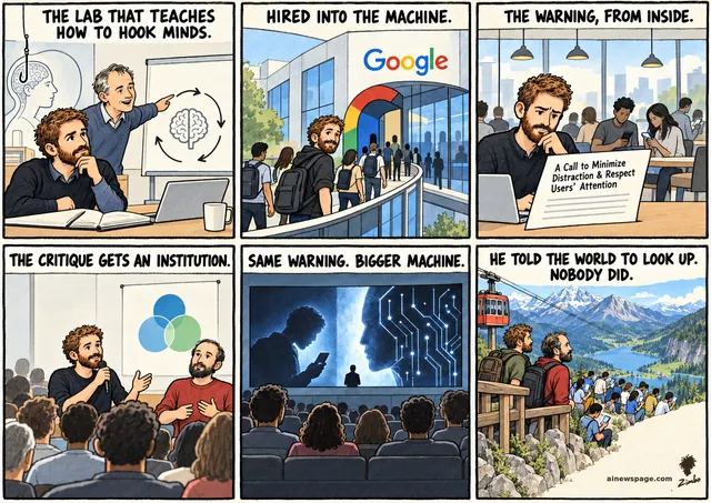 Tristan Harris life strip: Stanford persuasive-tech lab; 2011 Apture sold to Google — hired into the machine; 2013 memo, the warning from inside; Time Well Spent → Center for Humane Technology; finale: Harris + Aza Raskin in a cable car at a lookout over tourists staring at glowing phones.