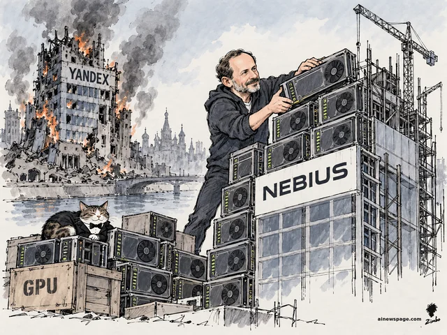 A founder lays GPU chips like bricks into a rising tower labeled NEBIUS while the old YANDEX building burns behind him; a tuxedo cat naps on the GPU crates.