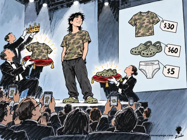 Satirical cartoon: mulleted Meta AI chief Alexandr Wang stands on a giant keynote stage in a camouflage t-shirt and Crocs while suited attendants present his $30 thrifted shirt and $60 Crocs on red velvet cushions beneath a gold crown, as a screen receipt-tags each item.