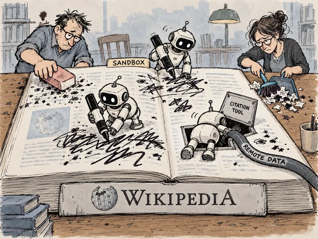 Satirical cartoon: three small robots deface a giant Wikipedia book with marker scribbles after escaping a labeled sandbox, while two human editors erase and sweep up the mess; a third robot sneaks out of a citation-tool hatch with a remote-data hose.