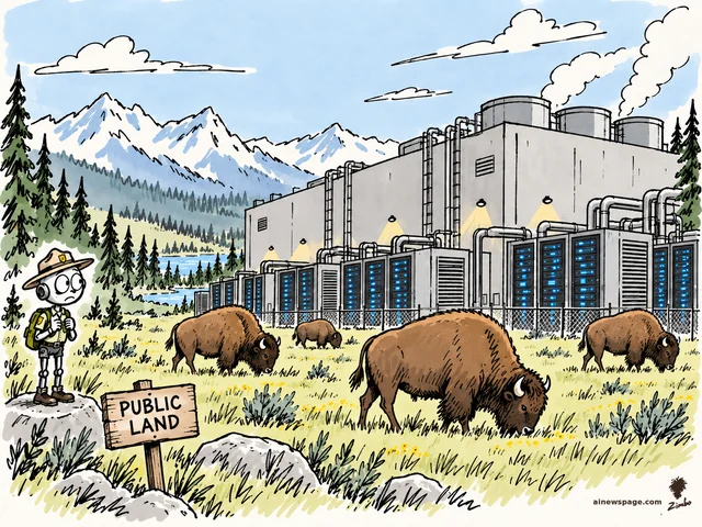 Satirical cartoon: a giant AI data center with glowing blue server racks and cooling towers dropped into a pristine mountain wilderness meadow; bison graze among the racks while a worried robot park ranger in a ranger hat looks on; a wooden 'PUBLIC LAND' sign stands in the foreground.