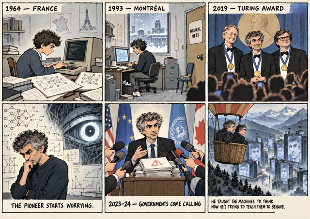 Yoshua Bengio life strip: 1964 France at a terminal; 1993 Montréal NEURAL NETS beachhead; 2019 Turing Award with Hinton and LeCun; 2023 pivot — THE PIONEER STARTS WORRYING under a giant AI eye; governments come calling; finale: Bengio + LeCun in a hot-air balloon over machines glowing with his face.