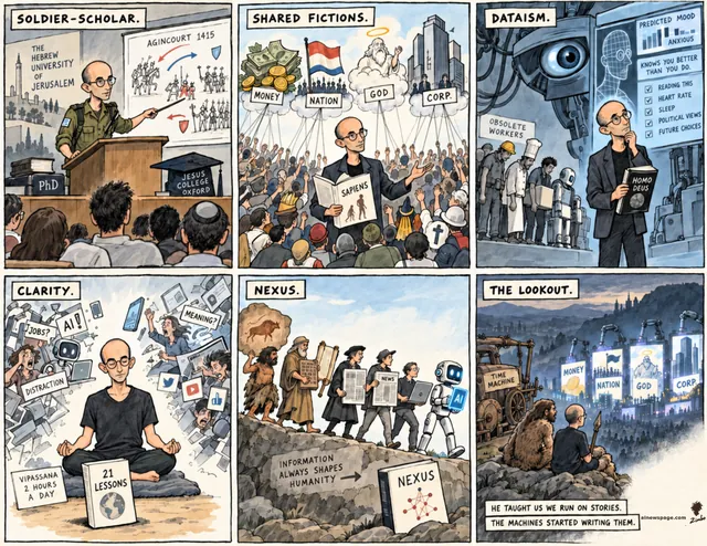 Six-panel strip: soldier-scholar lectures Agincourt; Sapiens' shared fictions (money, nation, god, corp); Homo Deus dataism; 21 Lessons meditation guru; Nexus, information through the ages; THE LOOKOUT finale: Harari and a Neanderthal by time machine gaze at screens writing the stories.