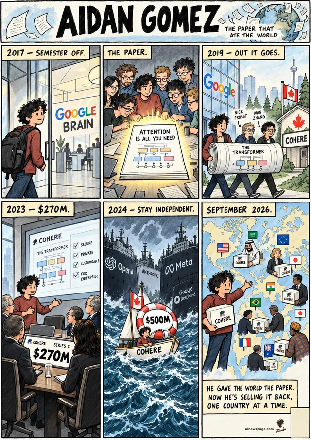 Gomez enters Google Brain (2017); eight authors over the Transformer paper; Frosst and Zhang carry it to a maple-leaf Cohere house (2019); $270M Series C (2023); tiny Cohere sailboat with $500M life preserver between giant-lab warships (2024); hands Cohere boxes to countries (2026).