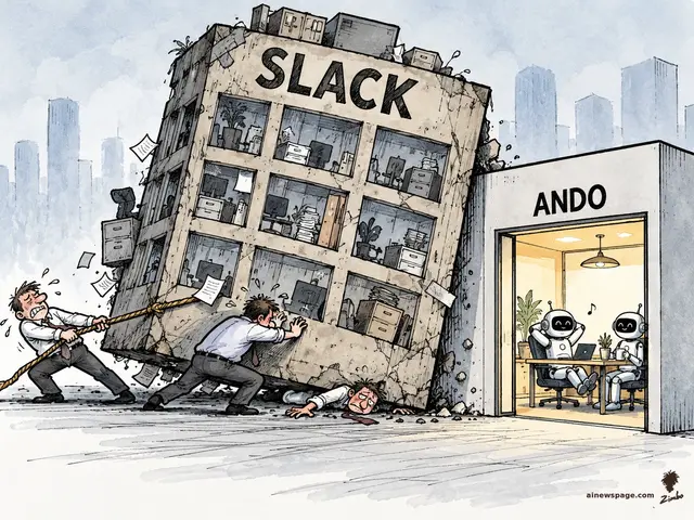 Satirical cartoon: two exhausted workers drag a giant crumbling office building labeled SLACK into a cozy doorway labeled ANDO, where two relaxed robots lounge with their feet up.