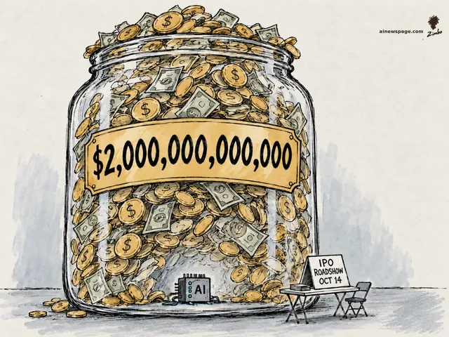 Satirical cartoon: an enormous glass jar labeled $2,000,000,000,000 overflows with coins and bills, dwarfing a tiny AI server and a folding-table IPO ROADSHOW OCT 14 booth.