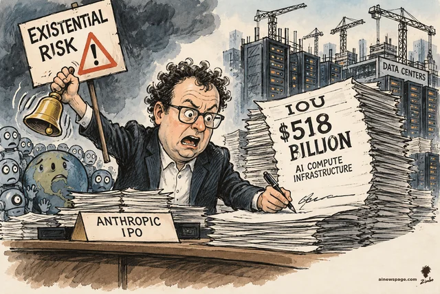 Satirical cartoon: a caricature of Anthropic CEO Dario Amodei rings a handbell under an 'EXISTENTIAL RISK' placard while signing a towering 'IOU $518 BILLION — AI COMPUTE INFRASTRUCTURE' stack, at an 'ANTHROPIC IPO' desk, as worried robots, a sad Earth, and a data-center construction site look on.