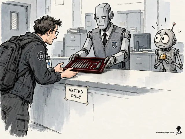 Satirical cartoon: a solemn vest-and-tie robot clerk hands a velvet case of lockpicks across a counter to an eager vetted recipient beneath a VETTED ONLY sign, while Merv, a small worried robot, watches in alarm clutching a bell.