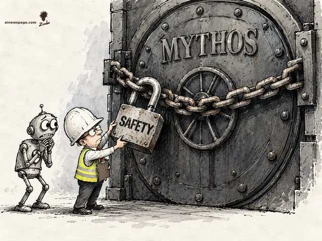 Satirical cartoon: the tiny Safety Guy — oversized white hard hat, hi-vis vest, clipboard at his hip — solemnly lifts a padlock stenciled SAFETY off the chain of a towering riveted vault door labeled MYTHOS, while Merv, a small hunched robot with worried eyes, watches with hands clasped in alarm.